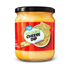 Salsa con queso cheese dip jar with black lid and red label, 15 oz