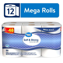Toilet paper package with 12 mega rolls, 48 count, Soft & Strong