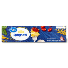 Spaghetti pasta box, 16 oz, blue package with fork-and-tomato graphic