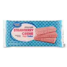 Strawberry creme wafer cookies in blue Great Value bag, with stacked wafer cookies