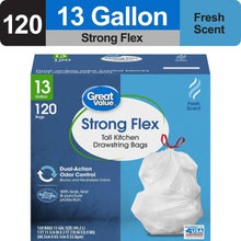 Package label for 120 bags, 13 gallon Strong Flex tall kitchen drawstring, fresh scent
