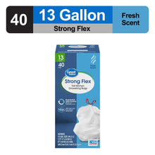 Package label reading 40 count, 13 gallon Strong Flex, fresh scent