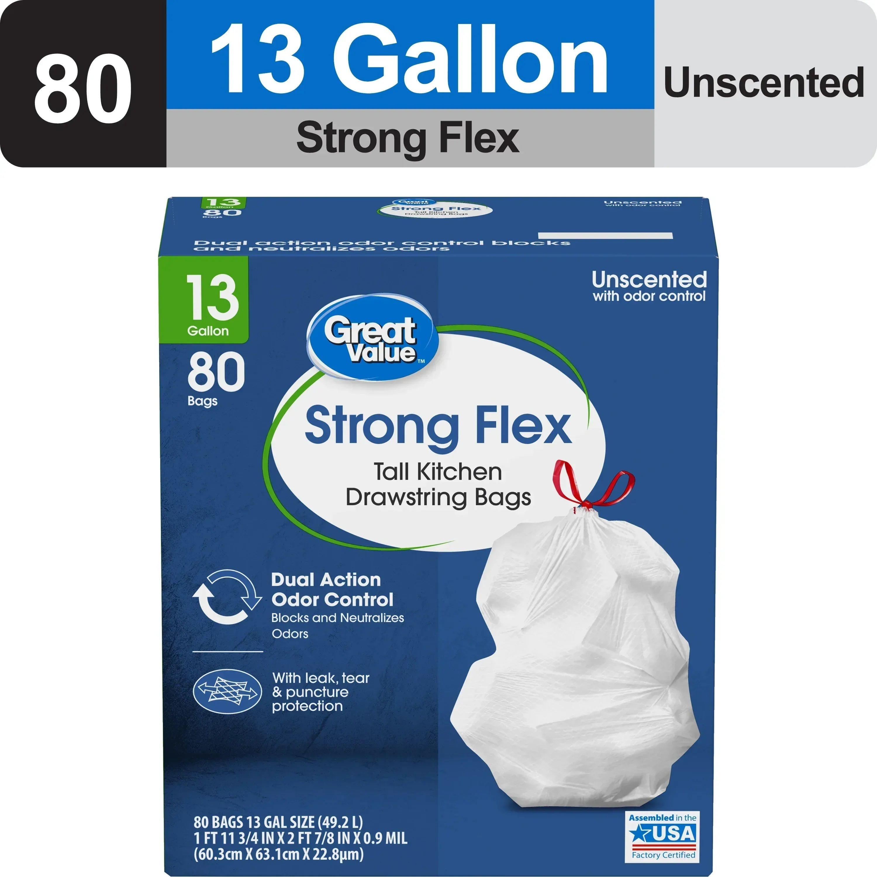 Great Value Strong Flex 13-Gallon Drawstring Tall Kitchen Trash Bags, Fresh Scent, 40 Bags