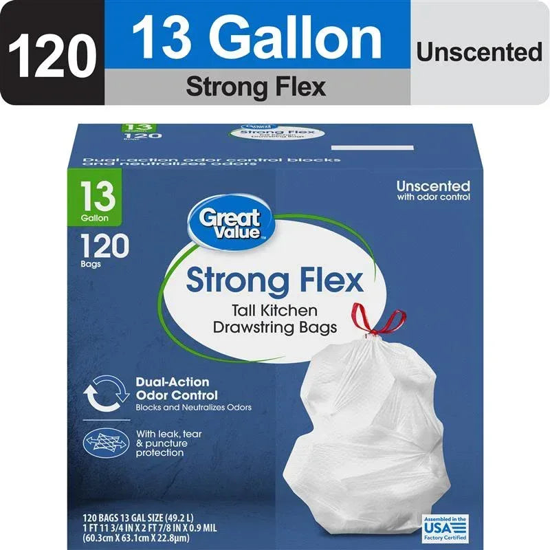 Great Value Strong Flex 13-Gallon Drawstring Tall Kitchen Trash Bags, Fresh Scent, 40 Bags