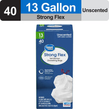 13-gallon Strong Flex tall kitchen drawstring trash bag package, unscented, 40 count