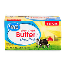 Unsalted sweet cream butter carton with Great Value branding, 4 sticks