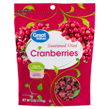 Sweetened dried cranberry bag, red pouch with Great Value branding and berry image