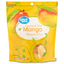 Sweetened dried mango pouch, 6 oz, yellow front with mango logo