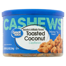 Great Value toasted coconut cashews snack tub with blue lid and label