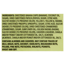 Trail mix ingredient list panel with banana chips, papaya, and cranberries