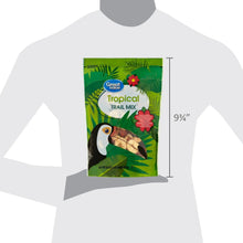 Tropical trail mix pouch shown by size on a person, green bag with toucan artwork