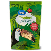 Green Tropical trail mix pouch with toucan graphic and fruit-flavor branding