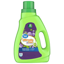 Lime-green laundry detergent bottle with purple label and 32 loads mark