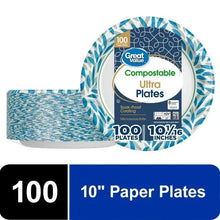 10 in paper plates, white with blue leaf border, 100 count stack