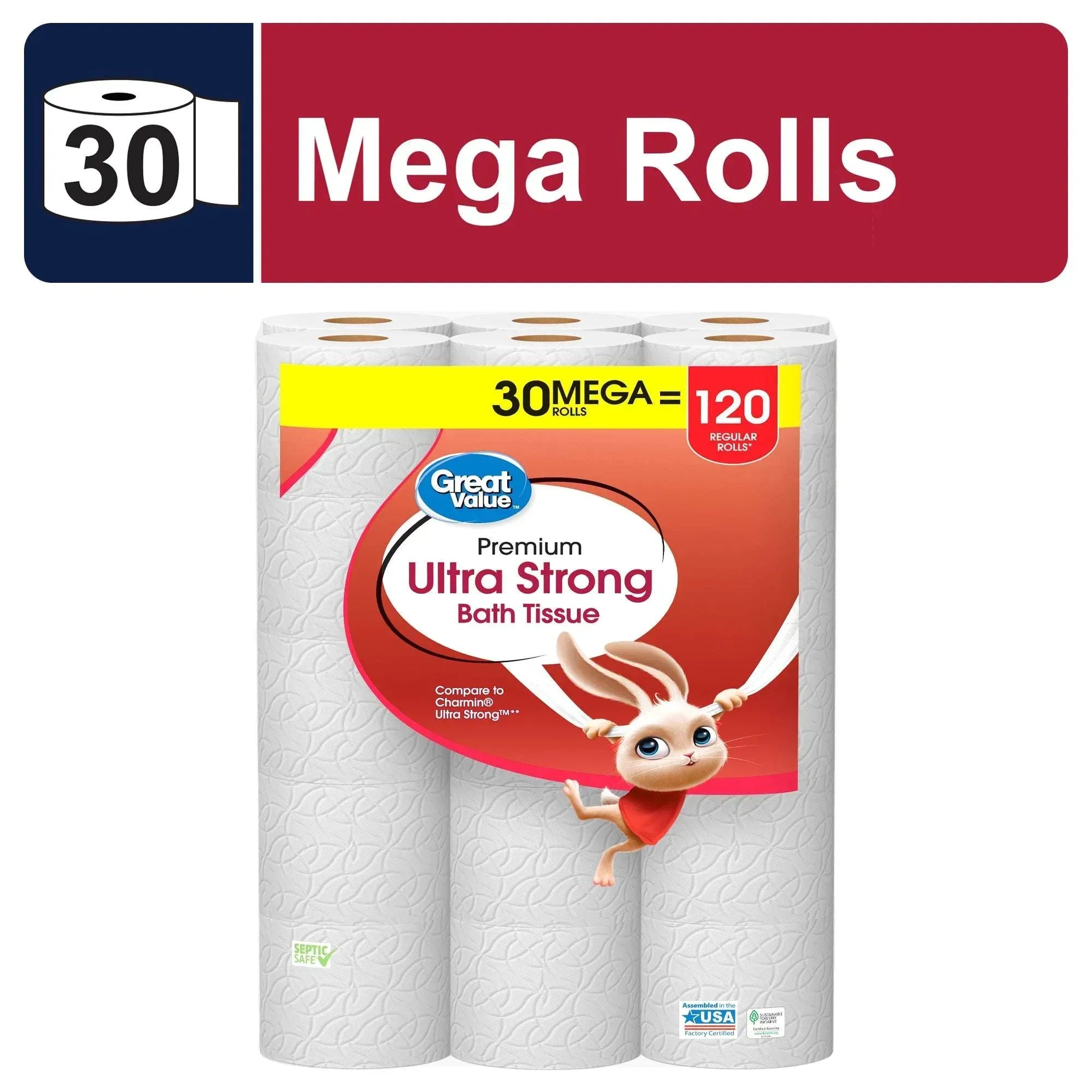 Great Value Ultra Strong 2-Ply Toilet Paper, 30 Mega Rolls, Compare to Charmin® Ultra Strong