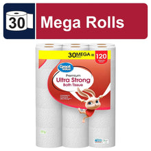 Toilet paper pack showing 30 mega rolls of premium ultra strong 2-ply bath tissue