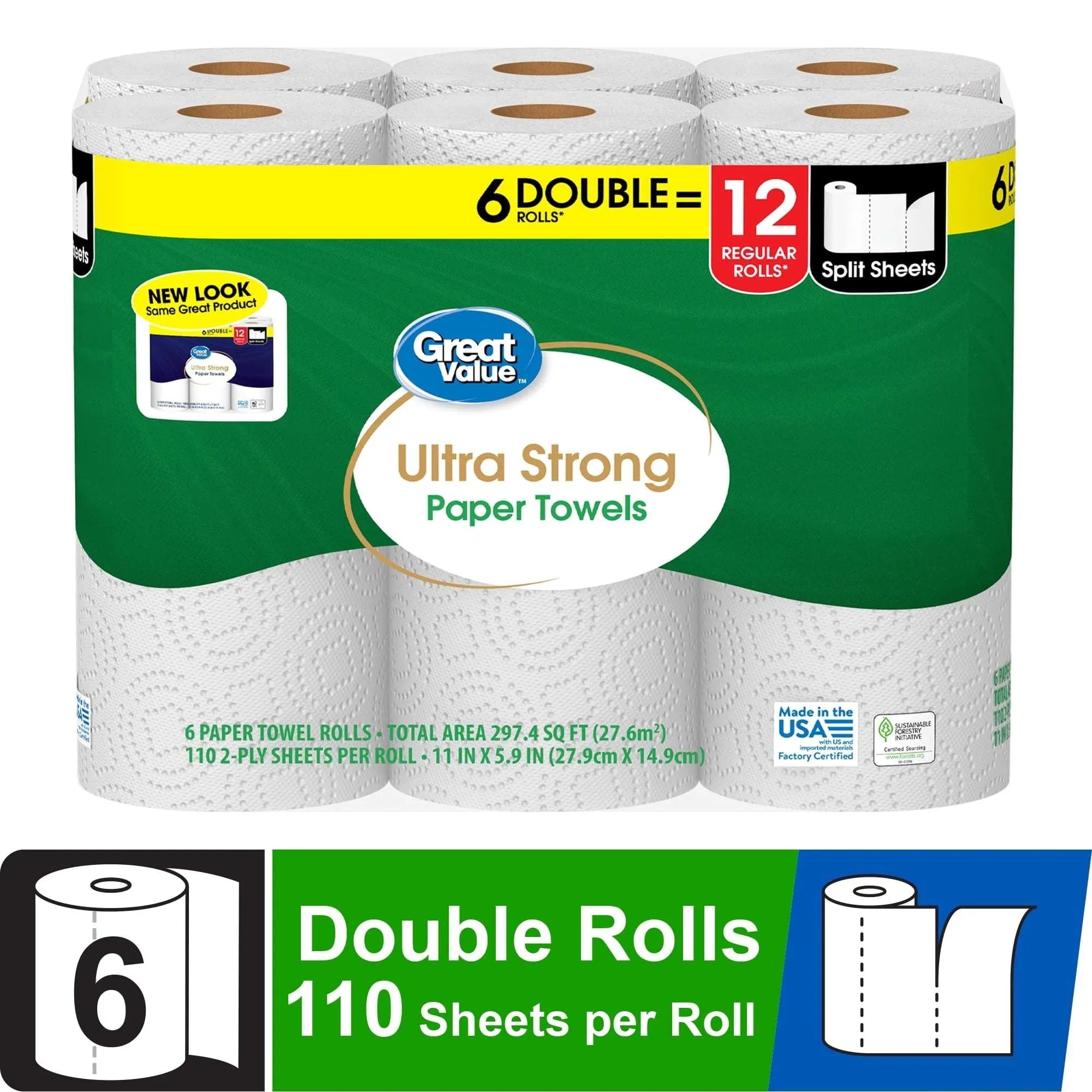 Great Value Ultra Strong Paper Towels, 6 Double Rolls - USA MEGA SHOP