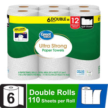 Ultra Strong paper towels pack with six double rolls, green and white packaging