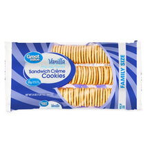 Vanilla sandwich creme cookies package with blue label and cookie rows, front view