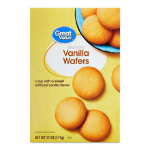 Great Value vanilla wafer cookies package, yellow box with wafer cookie graphics
