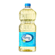 Vegetable oil bottle with blue label and blue screw cap