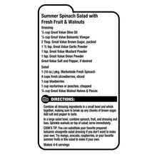 Recipe directions label for a summer spinach salad with fresh fruit and walnuts