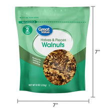 Green resealable walnuts pouch, halved and pieces; 7 in x 7 in