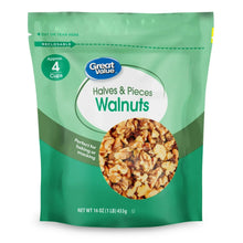 Great Value walnut halves and pieces in a green resealable bag, 16 oz