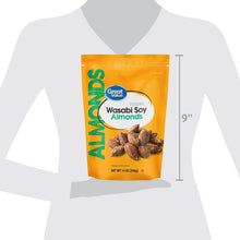 Wasabi soy almonds pouch shown on a model with size mark, about 9 inches