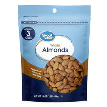 Resealable whole almonds pouch, blue with Great Value branding and almond photo