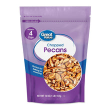 Chopped pecans in resealable purple bag with pecan pieces visible