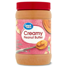 Great Value creamy peanut butter jar with red lid and beige contents.