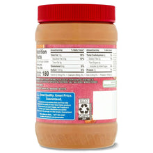 Back label on creamy peanut butter jar with nutrition info and recycling icons.