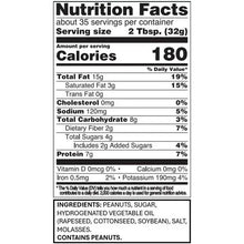 Nutrition Facts close-up on peanut butter jar: 180 calories per 2 Tbsp serving.