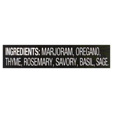 Ingredients list: marjoram, oregano, thyme, rosemary, savory, basil, sage