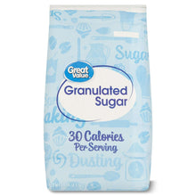 Granulated sugar bag showing “30 Calories Per Serving”
