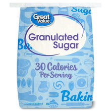 Great Value granulated sugar bag with blue design and 30 calories per serving.