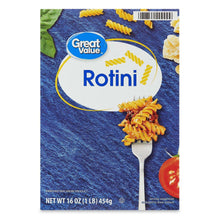 Dry rotini pasta package front with Great Value branding