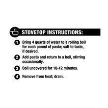 Stovetop cooking instructions for dry pasta on package