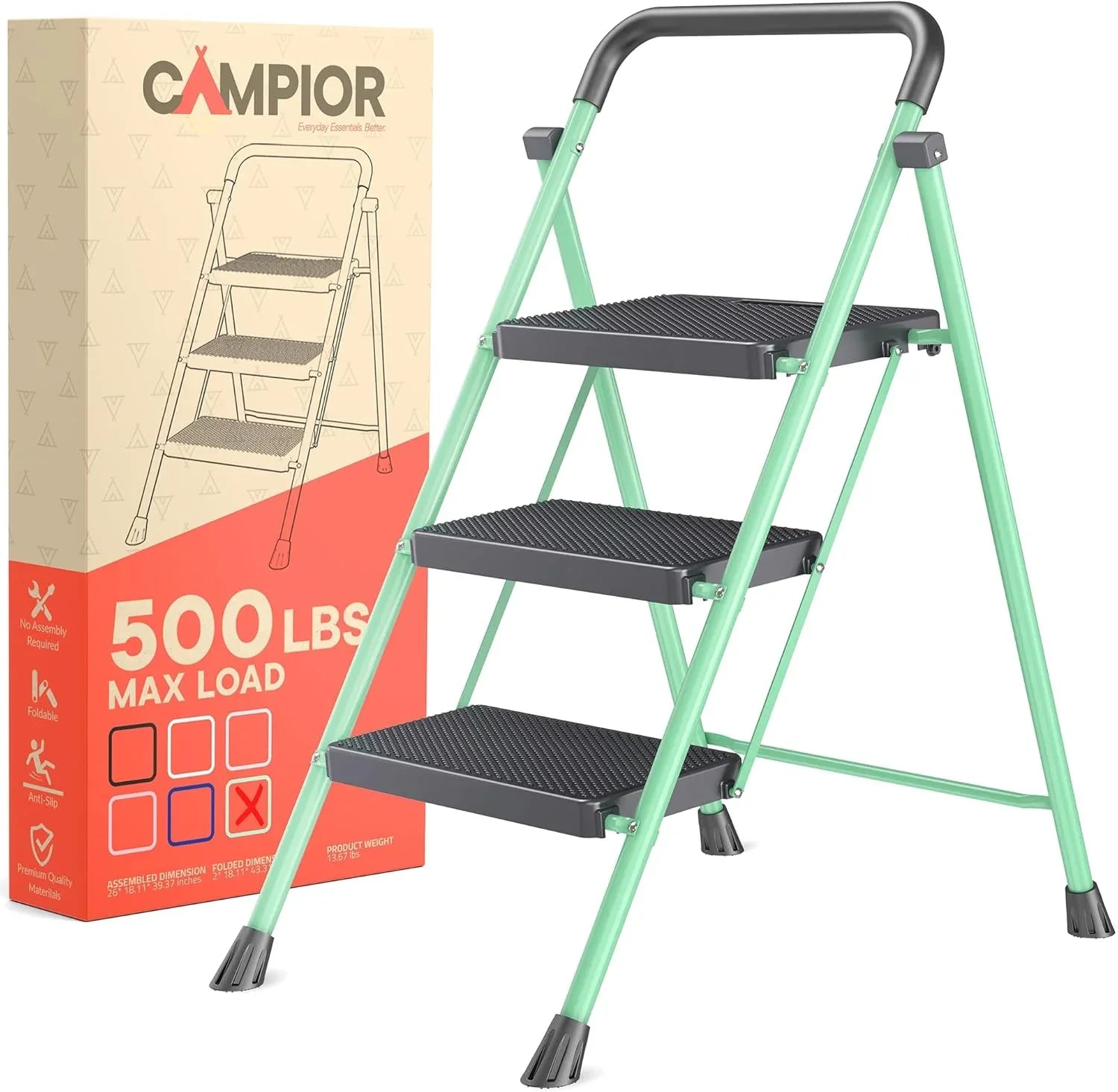 Black 3 Step Stool Foldable – Heavy-Duty Foldable Step Stool, 500 lbs Capacity, Anti-Slip Feet & Wide Steps, Sturdy Steel Frame, Lightweight & Space-Saving Design for Home, Kitchen & Garage