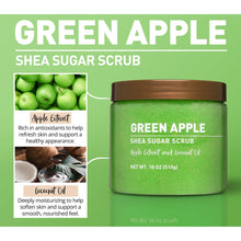 Green apple shea sugar scrub jar with brown lid and ingredient callout graphics
