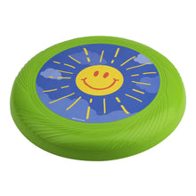 Green flying disk toy with smiling sun graphic on blue center