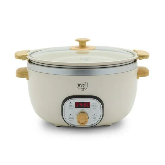 GreenLife 6 Quart Non Stick Family Meal Slow Cooker with Removable Pot, Cream