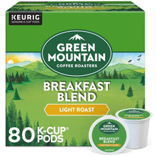 K-Cup pods box, Green Mountain Breakfast Blend light roast, 80-count