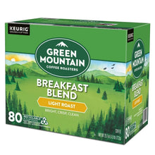 K-Cup pods box side panel, Green Mountain Breakfast Blend light roast, 80-count