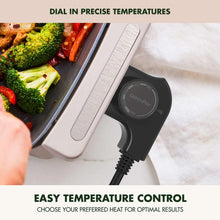 Electric skillet temperature dial knob with cooking vegetables inside