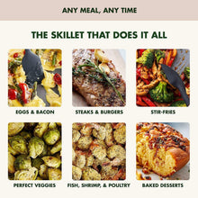 Electric nonstick skillet with spatula and assorted cooked meal photos