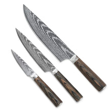 3-piece knife set with stainless blades and dark wood handles, pairing, utility, chef’s