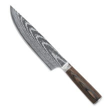 Chef's knife with damascus-pattern stainless blade and dark wood handle