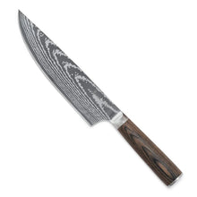 Chef's knife with Damascus-style patterned blade and wood handle, on a white background